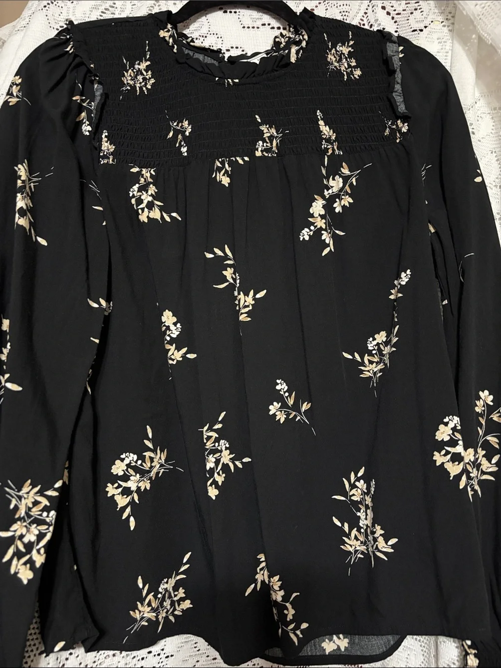 J. Crew Black Blouse with Cream Floral Print